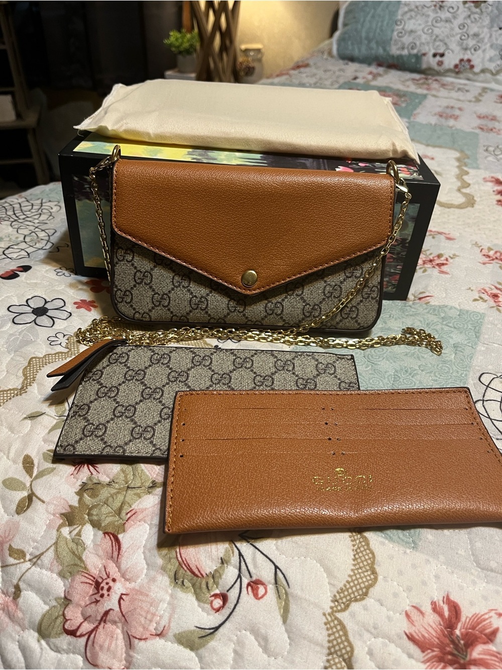 Gg Tan & Beige GG Supreme Chain Crossbody Wallet
